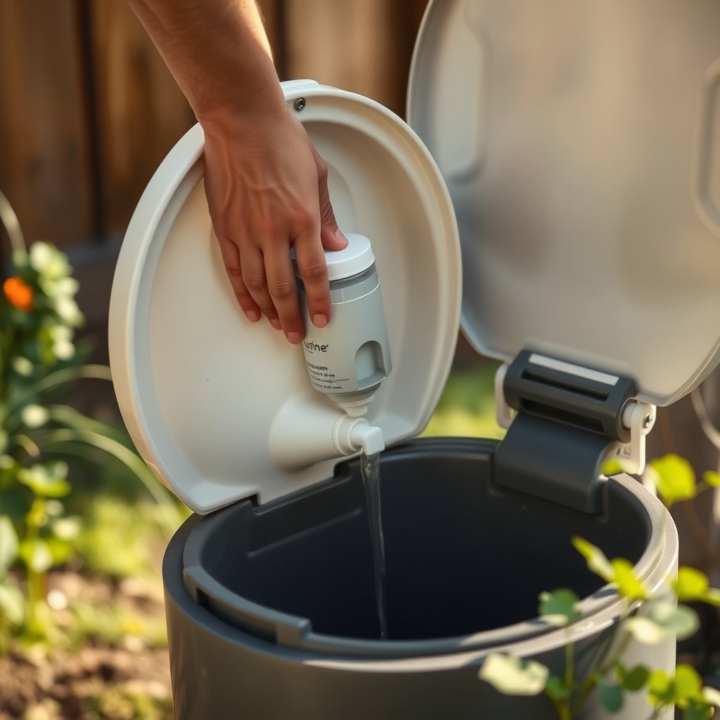 A photorealistic close-up of hands emptying a urine tank from a composting toilet into a g