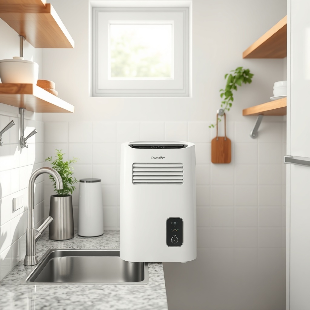 <clean photorealistic photo/illustration of a compact white dehumidifier sitting on a gran