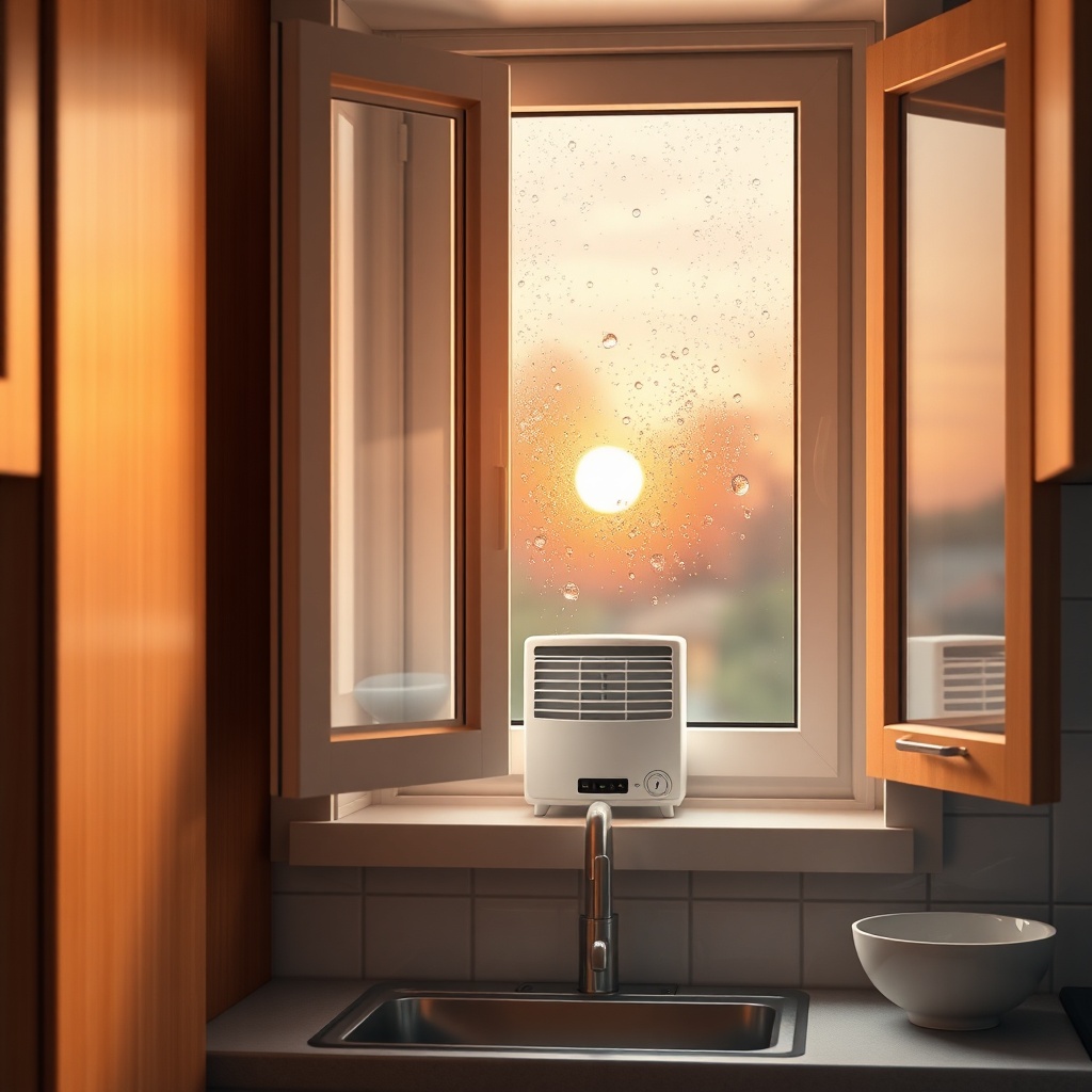 <clean photorealistic photo/illustration of a tiny kitchen window with a small white dehum