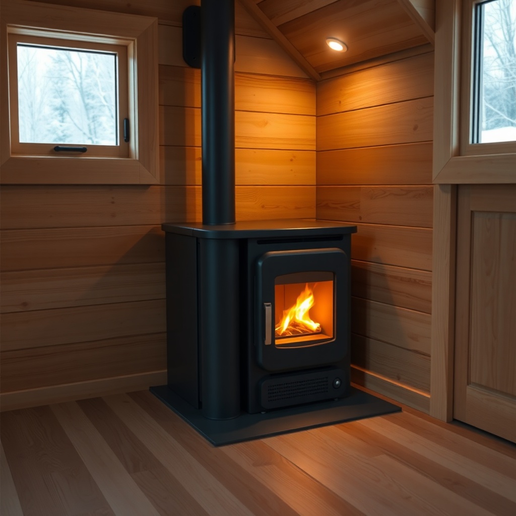 A photorealistic shot of a tiny house interior with a sleek
