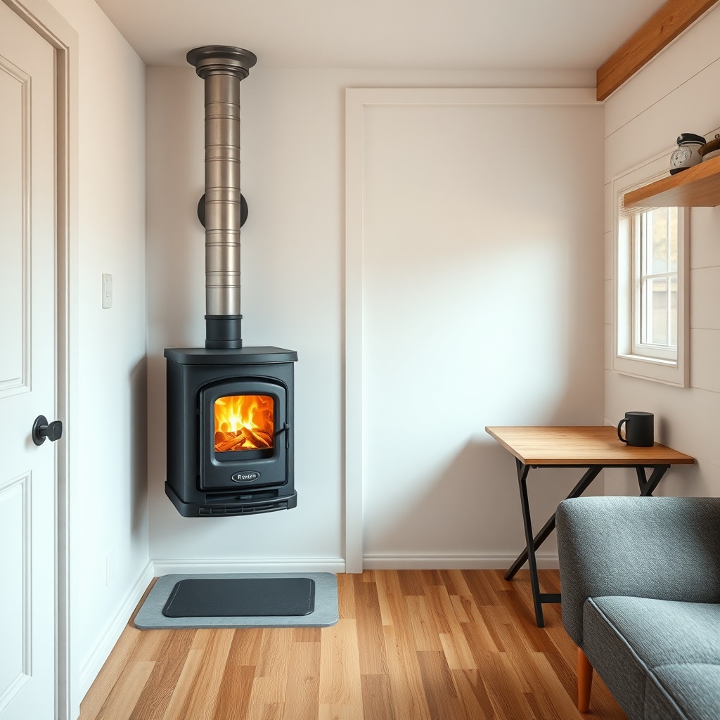 A photorealistic shot of a wall-mounted compact pellet stove in a tiny house
