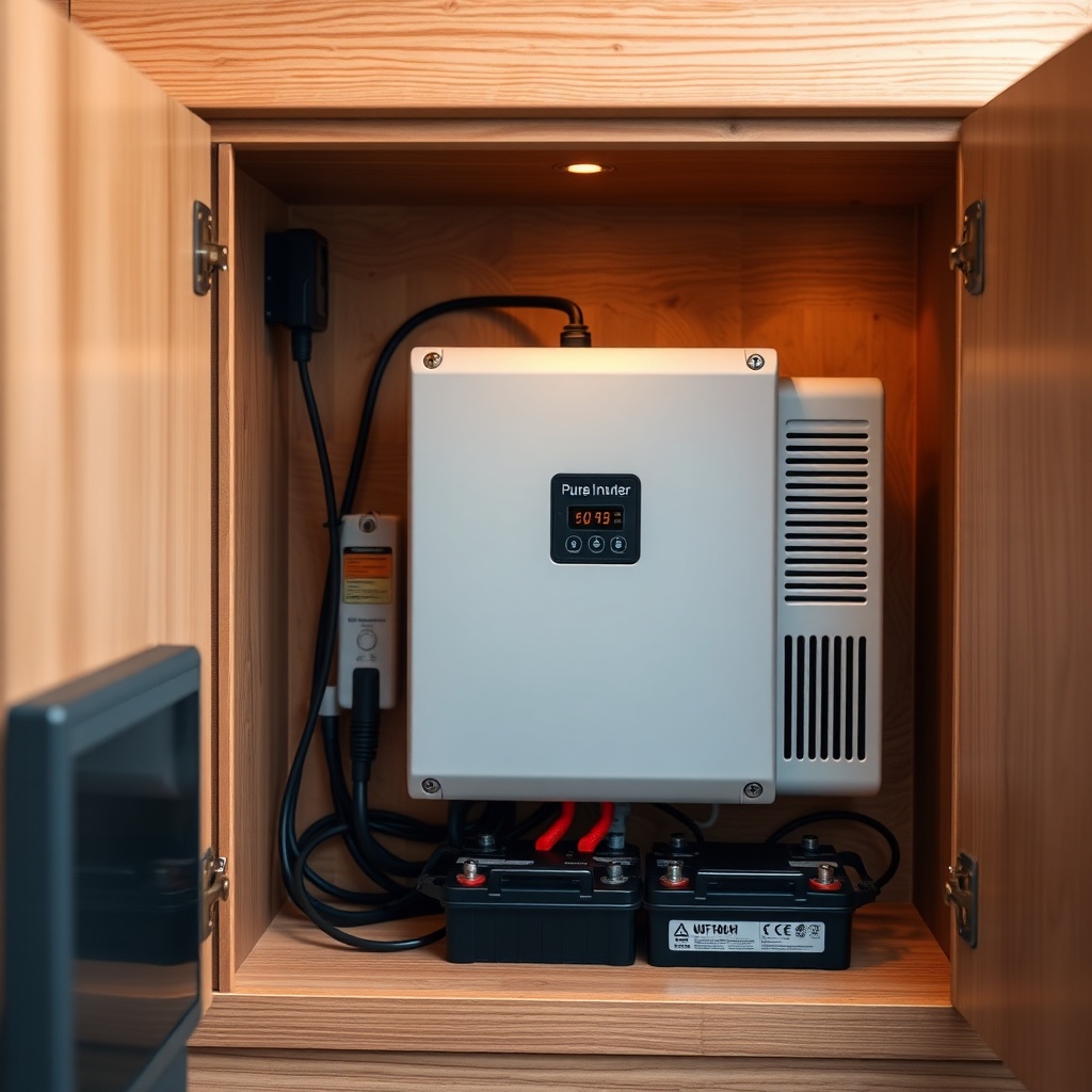 A photorealistic photo of a compact pure sine wave inverter installed in a tiny house cabi