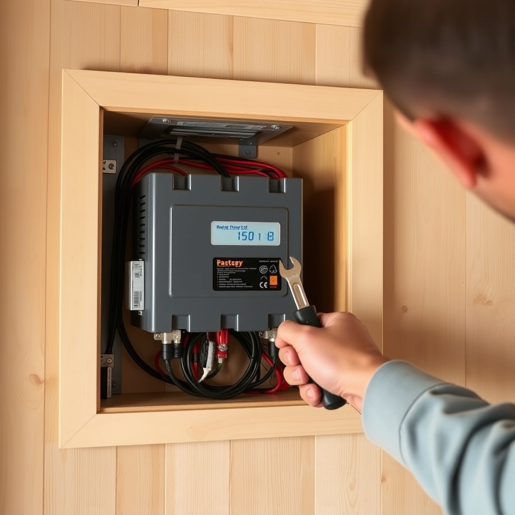 A photorealistic photo of a person installing a compact inverter into a tiny house wall ca