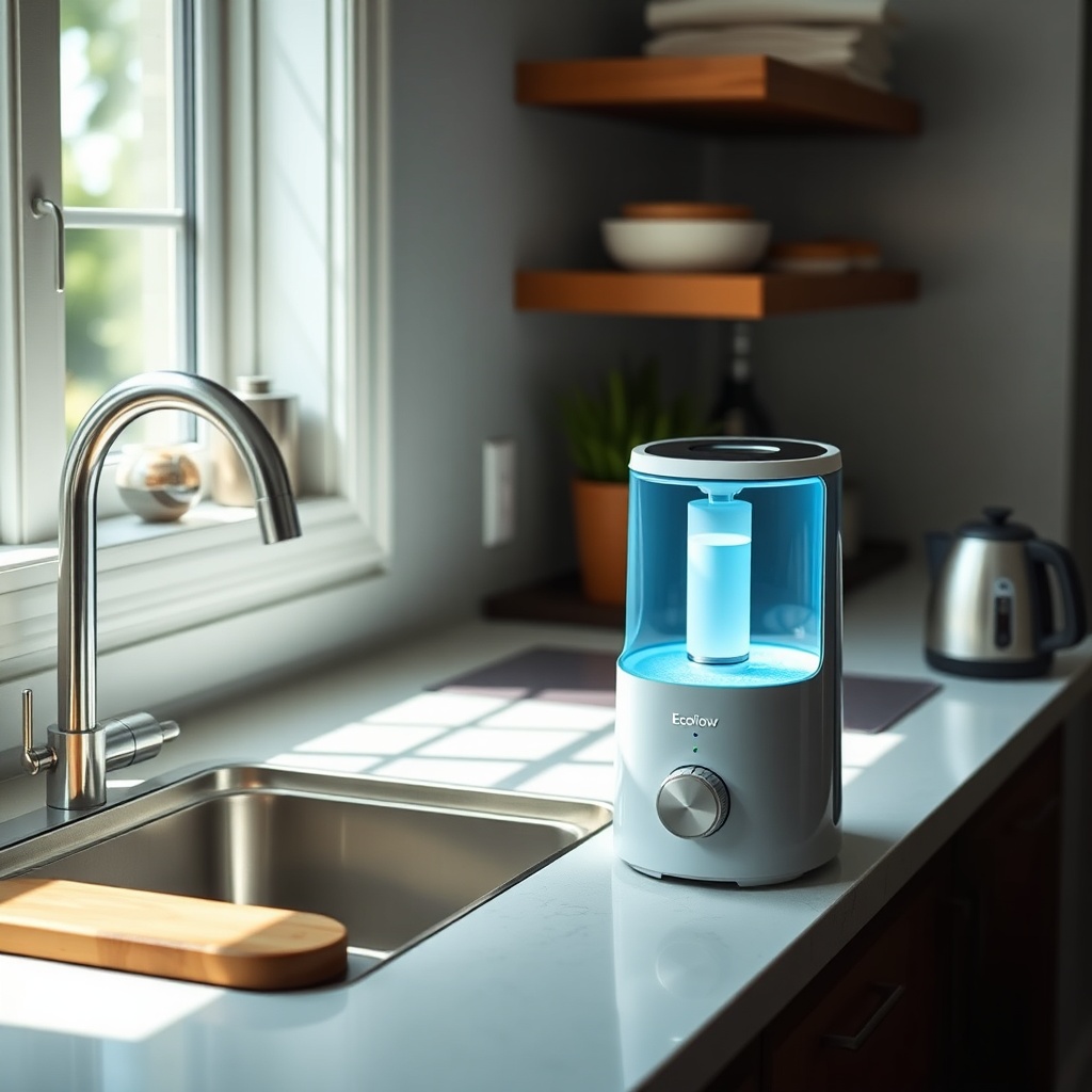 A photorealistic photo of an EcoFlow River 2 Pro next to a tiny house kitchen countertop w