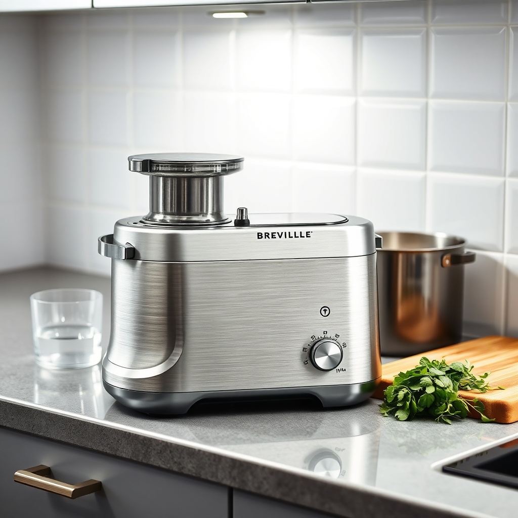 A clean photorealistic photo of the Breville Joule Turbo in brushed metal finish
