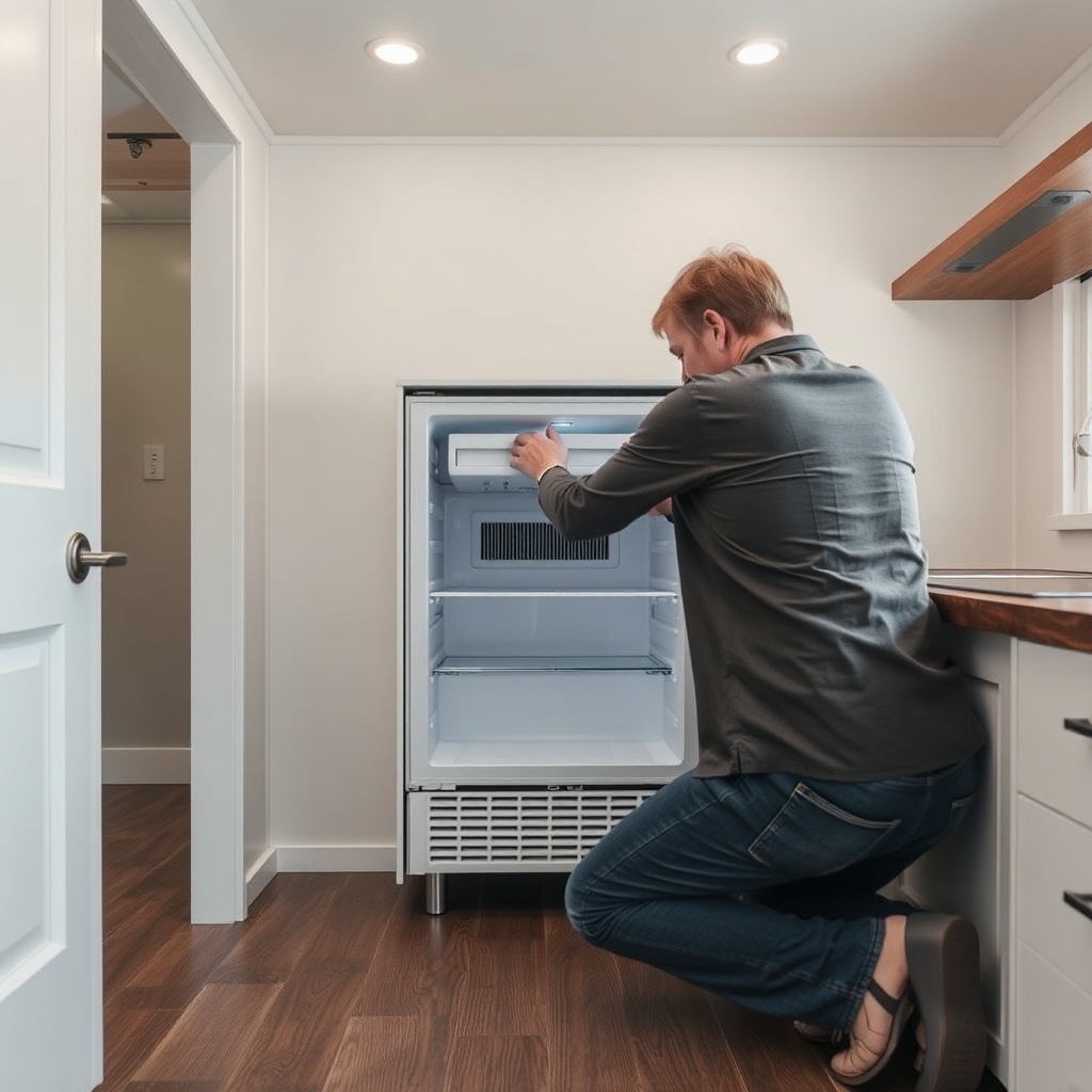 photorealistic photo of a person installing a TinyDwell under-counter fridge in a tiny kit