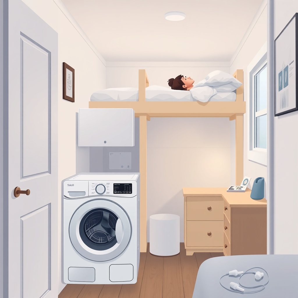 A photorealistic 16:9 illustration showing a compact washer-dryer combo in a tiny house be
