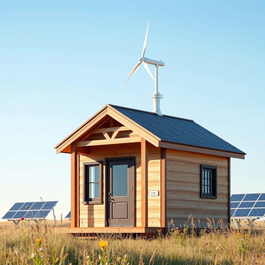 A clean photorealistic photo of a modern tiny house with a small rooftop wind turbine spin
