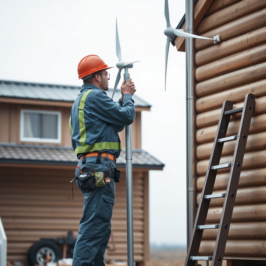 A clean photorealistic photo of a person in work clothes installing a small wind turbine o