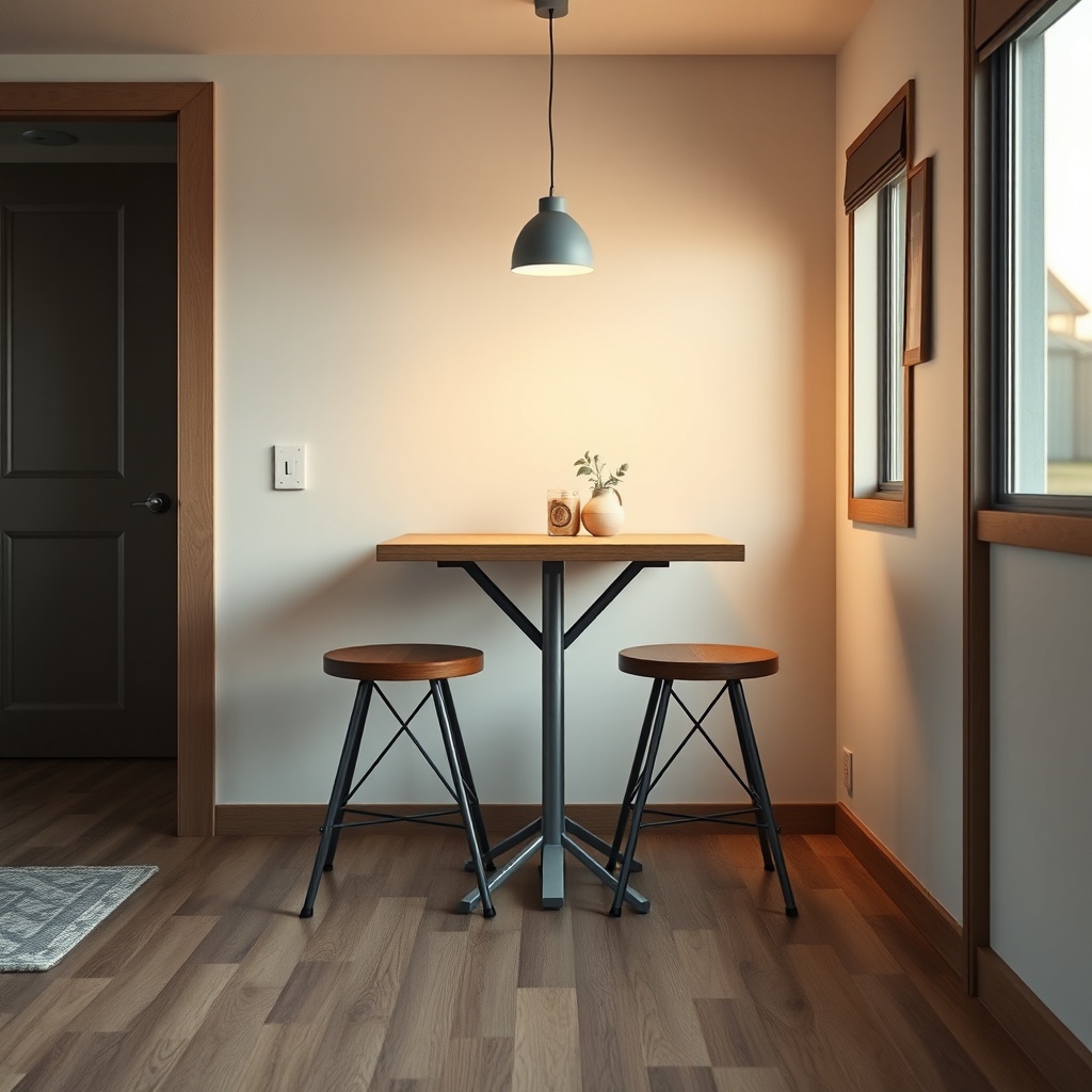 <clean photorealistic photo/illustration of a wall-mounted folding dining table in a tiny