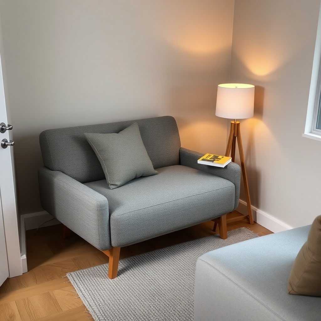 A photorealistic photo of a TinyDwell sleeper chair in a small