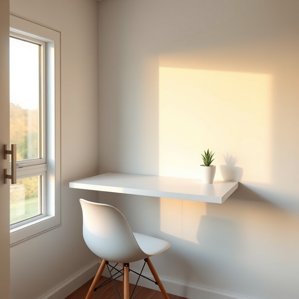 <clean photorealistic photo of a tiny house interior with a sleek white wall-mounted desk