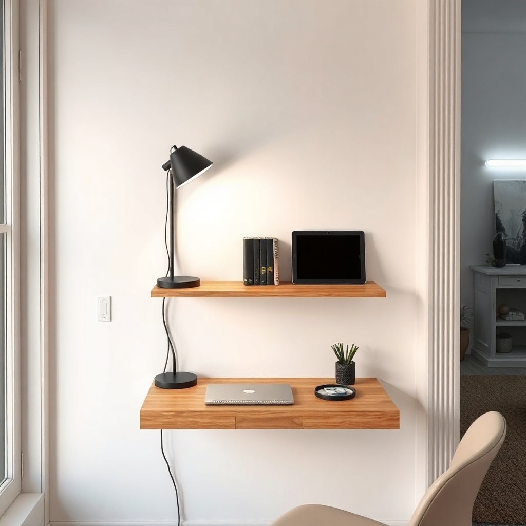 <clean photorealistic photo of a wall-mounted desk setup in a tiny living room