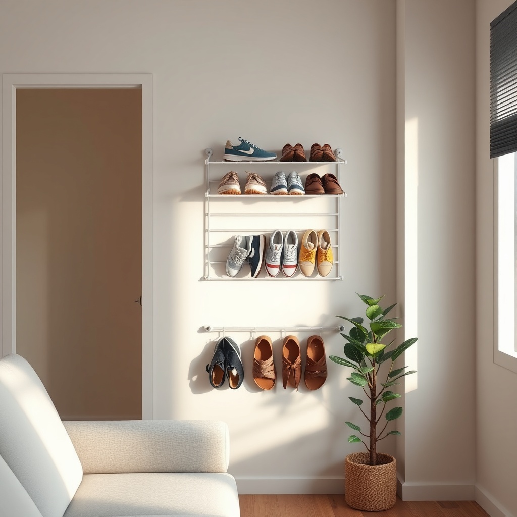 A clean photorealistic photo of a tiny house living room corner with a wall-mounted shoe r