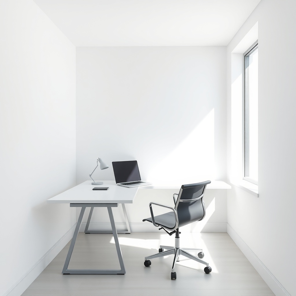 <clean photorealistic photo of a modern compact L-shaped desk with a chair in a small