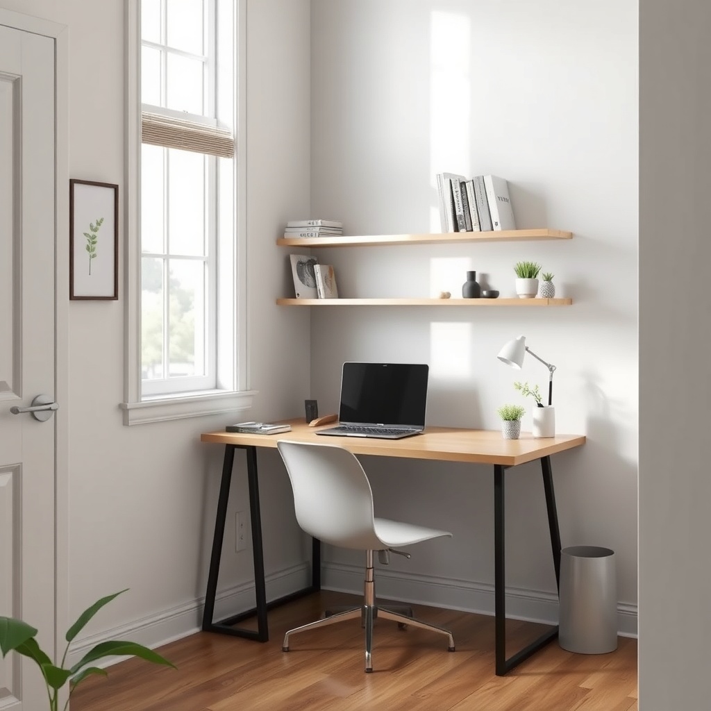 <clean photorealistic photo of a compact L-shaped desk in a corner of a tiny home office