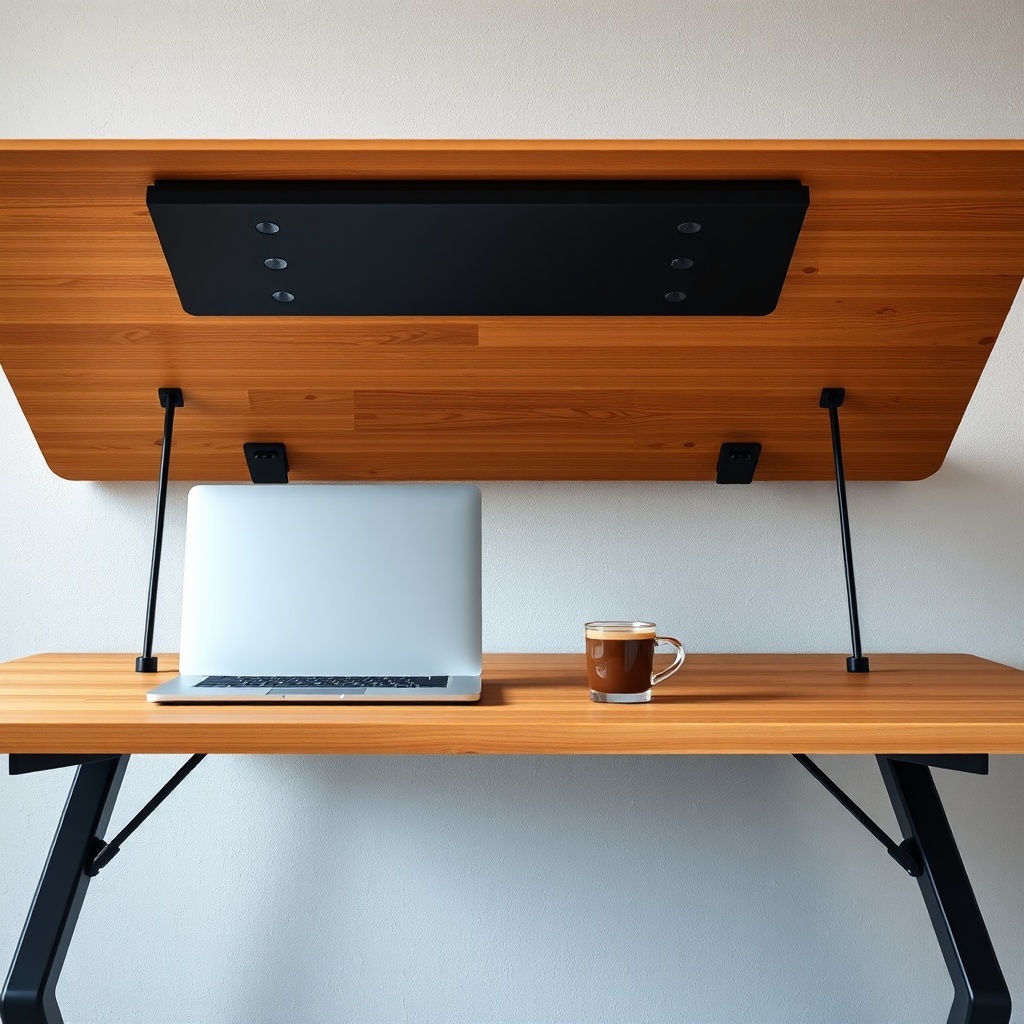 A photorealistic close-up showing the underside of the Tumbleweed Fencl desk in its deploy
