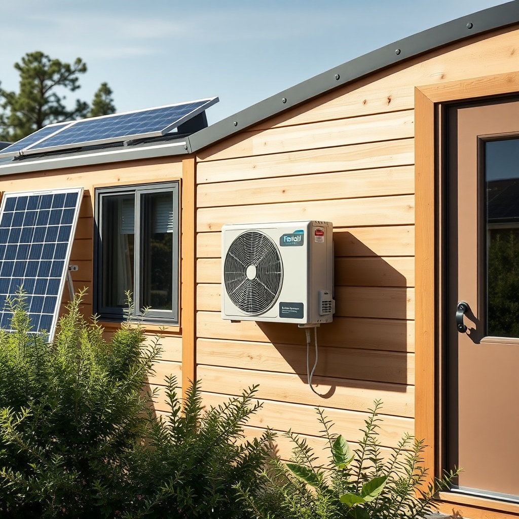 <A photorealistic photo of a Tumbleweed Fencl tiny house with a compact mini-split air con