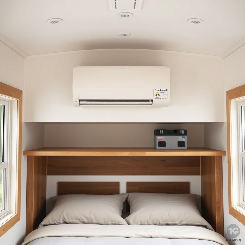 <A photorealistic interior shot of a Tumbleweed Fencl tiny house with a mini-split air con