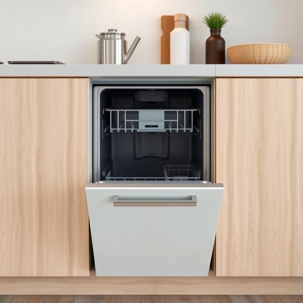 A clean photorealistic photo of a compact dishwasher installed under a tiny kitchen counte