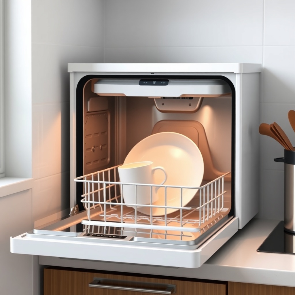 A clean photorealistic photo of a countertop dishwasher on a small kitchen counter
