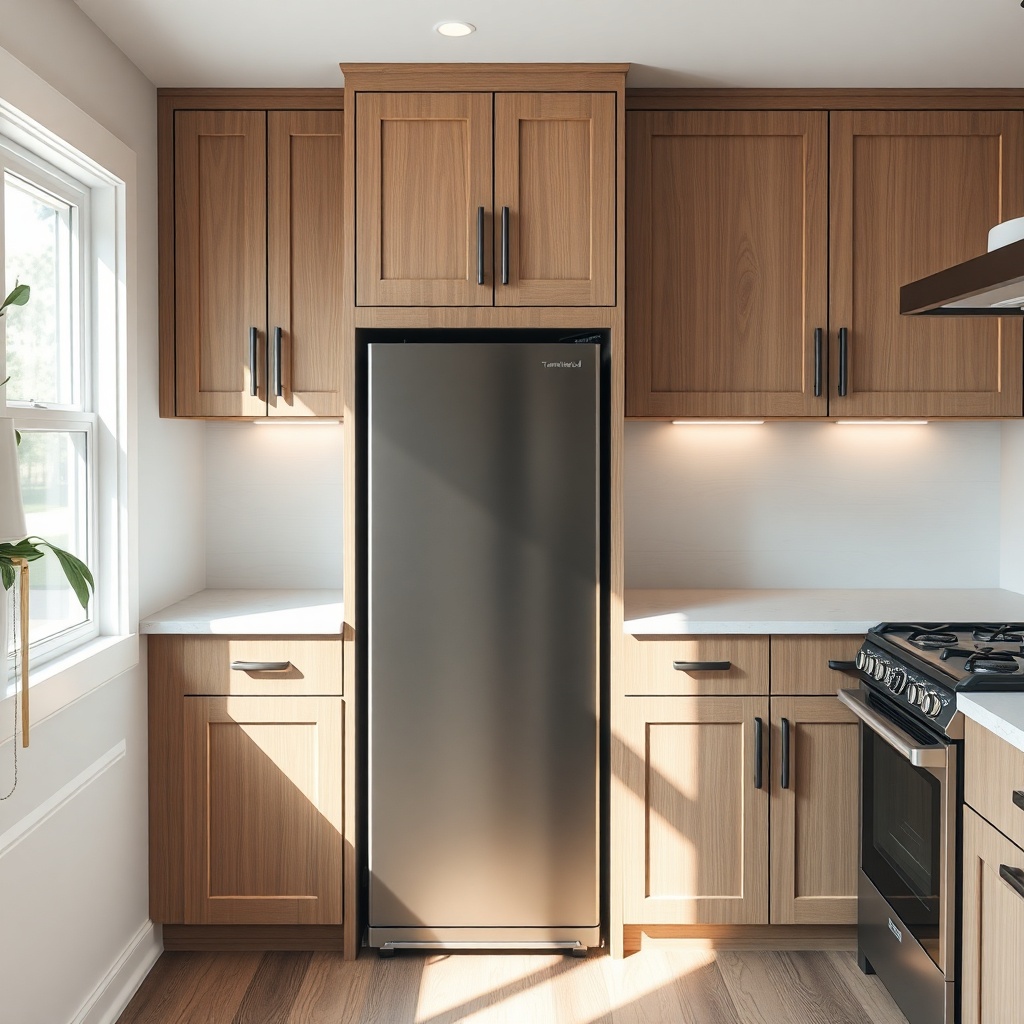 A photorealistic photo of a modern tiny house kitchen with a Tumbleweed Fencl French door