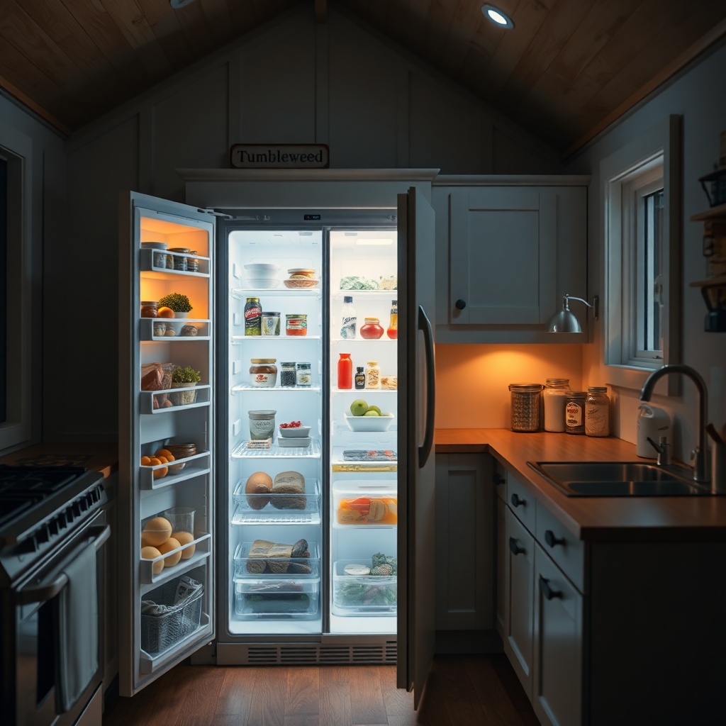 A photorealistic photo of a tiny house kitchen interior at night