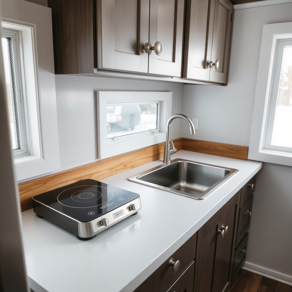 A clean photorealistic photo of a Tumbleweed Fencl tiny house kitchen countertop with a co