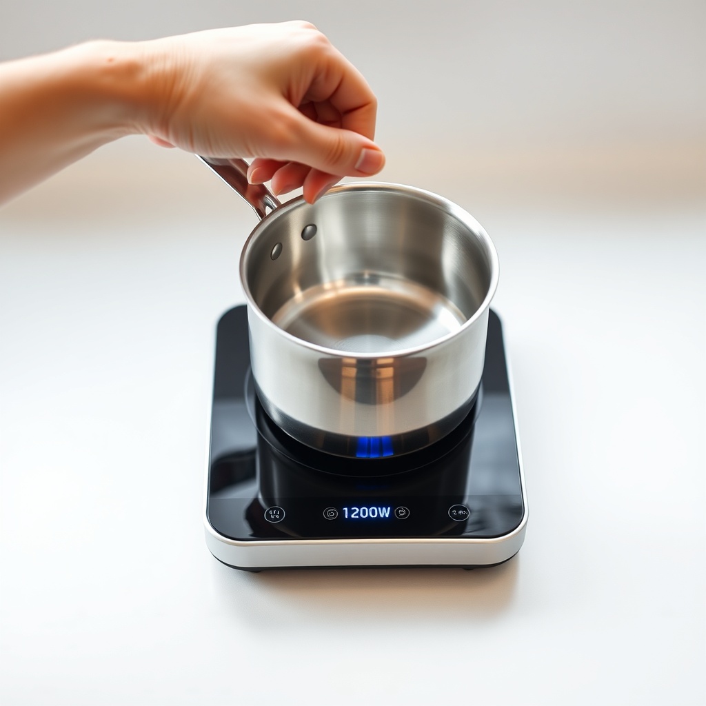 A clean photorealistic photo of a person's hand hovering a stainless steel saucepan over a