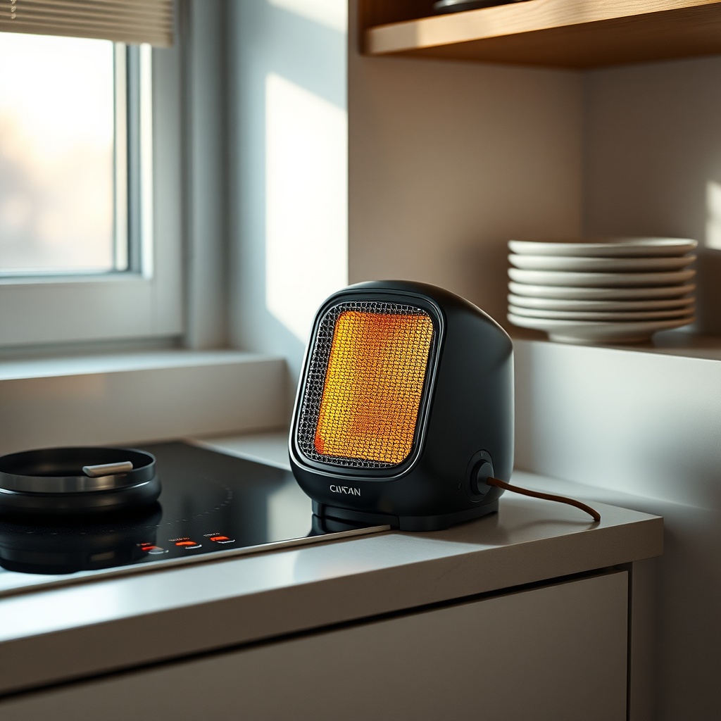 Photorealistic photo of a compact ceramic heater placed on a small kitchen counter in a Tu