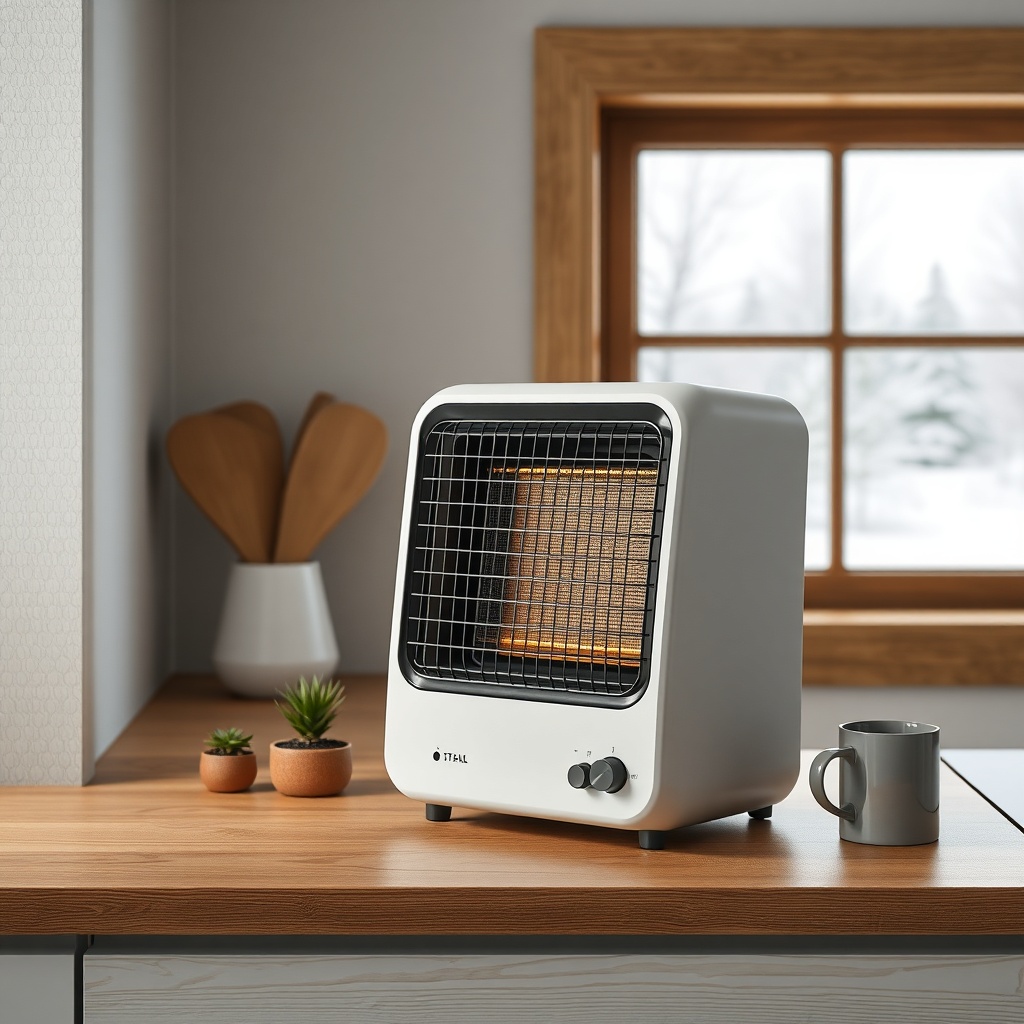 Photorealistic photo of a modern space heater placed on a wooden kitchen counter in the Tu