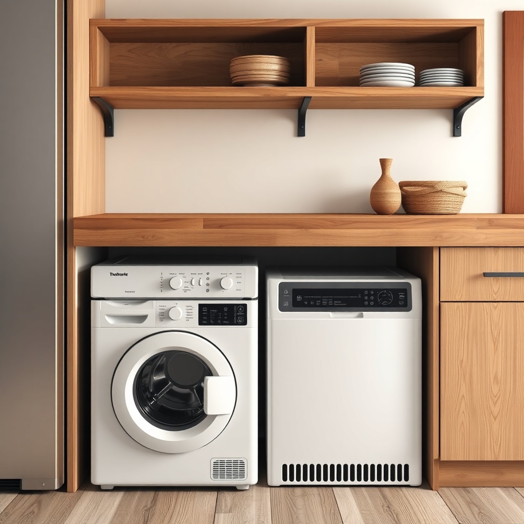 <clean photorealistic photo/illustration of a compact washer-dryer combo installed under a