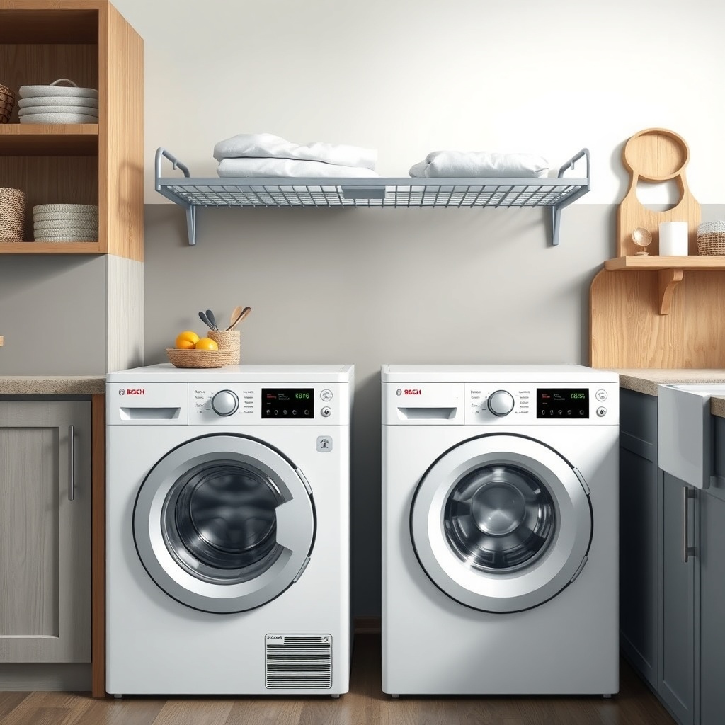 <clean photorealistic photo/illustration of a Bosch 800 Series washer-dryer combo installe