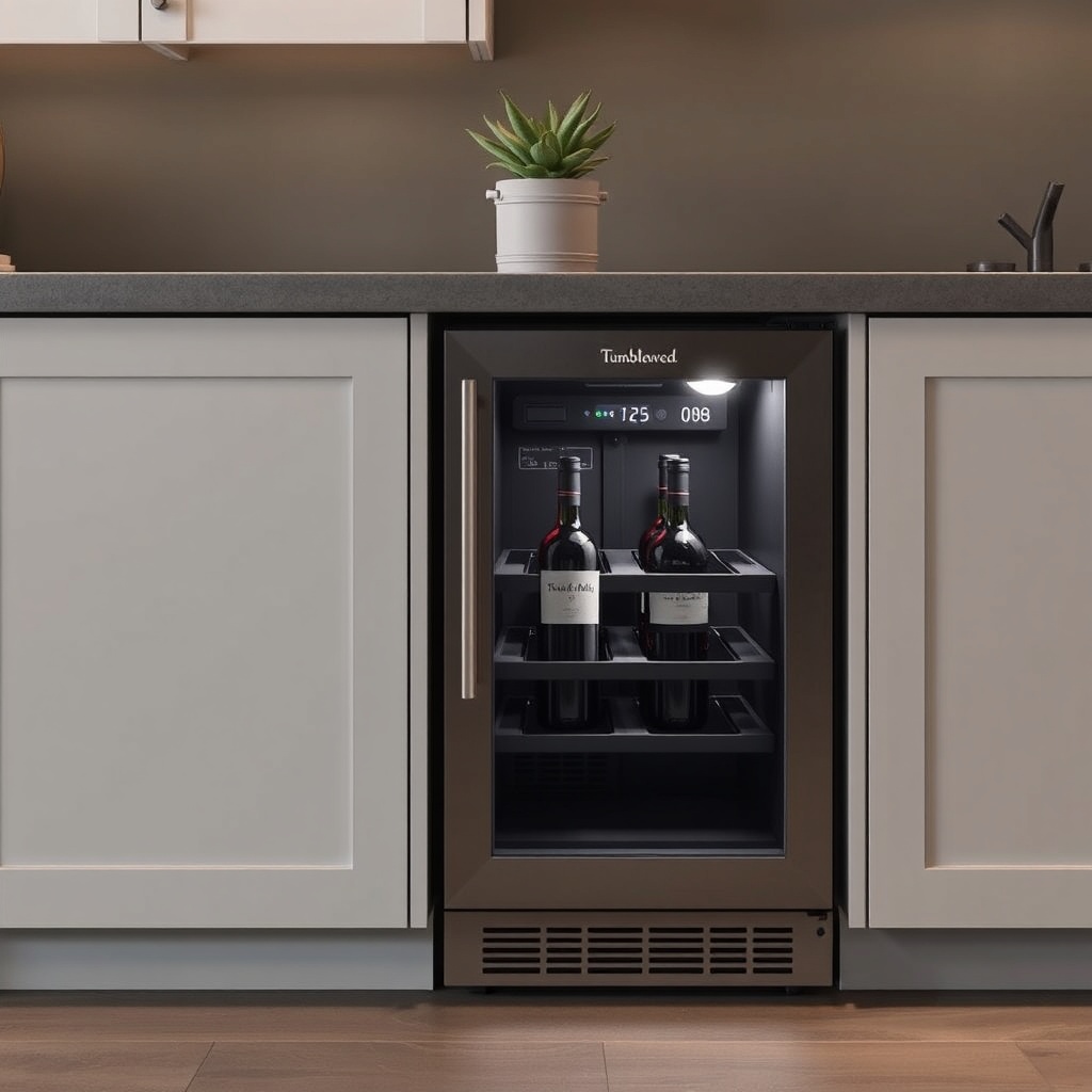 A photorealistic shot of a Tumbleweed Fencl wine fridge installed under a kitchen counter
