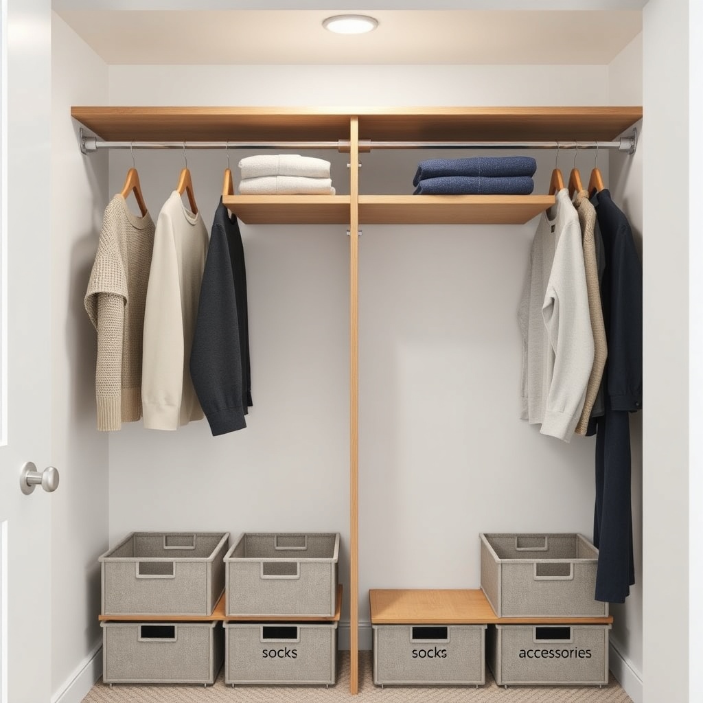 A clean photorealistic photo of a Tumbleweed Fencl closet interior with double hanging rod