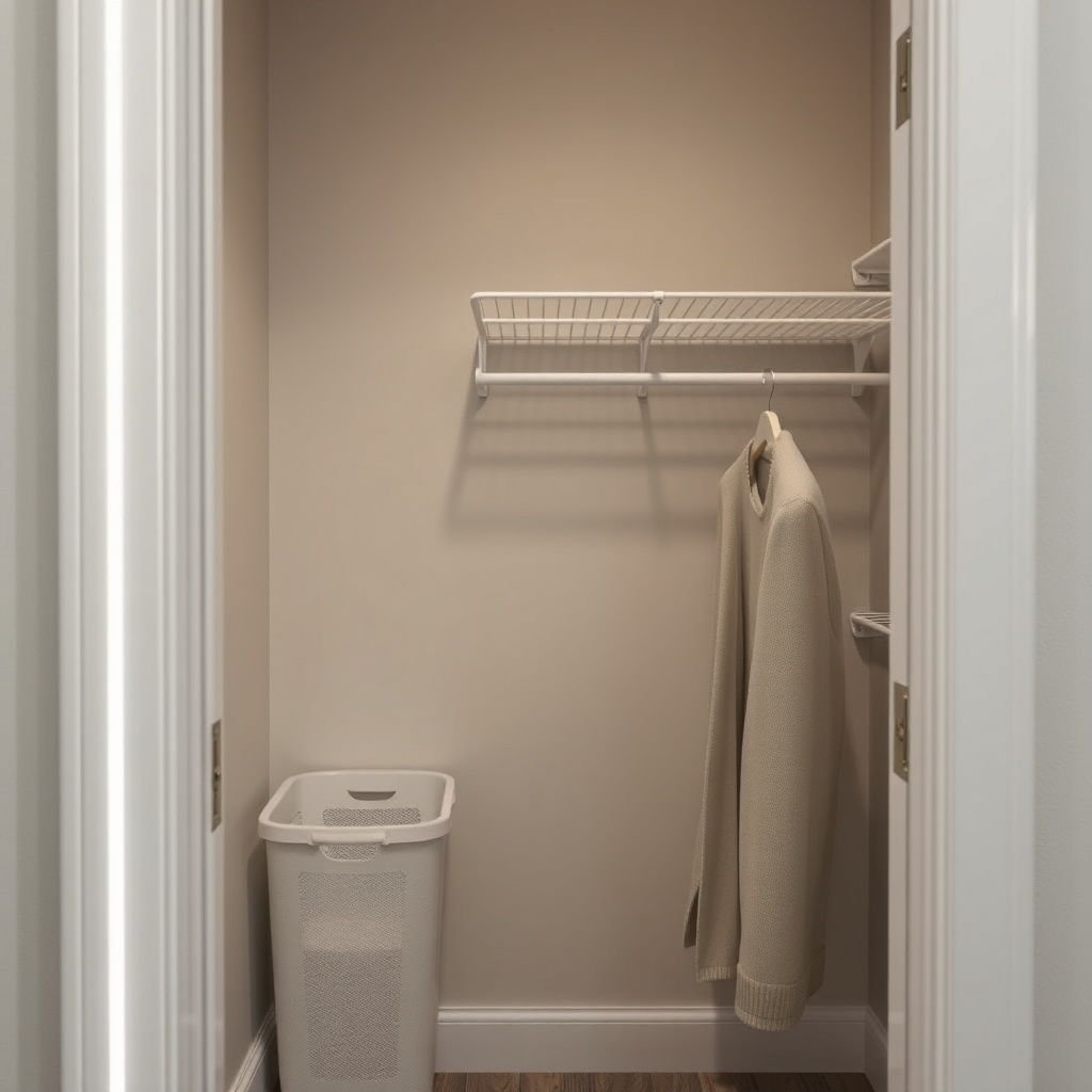 A photorealistic image of a Tumbleweed Fencl’s closet interior viewed from the doorway