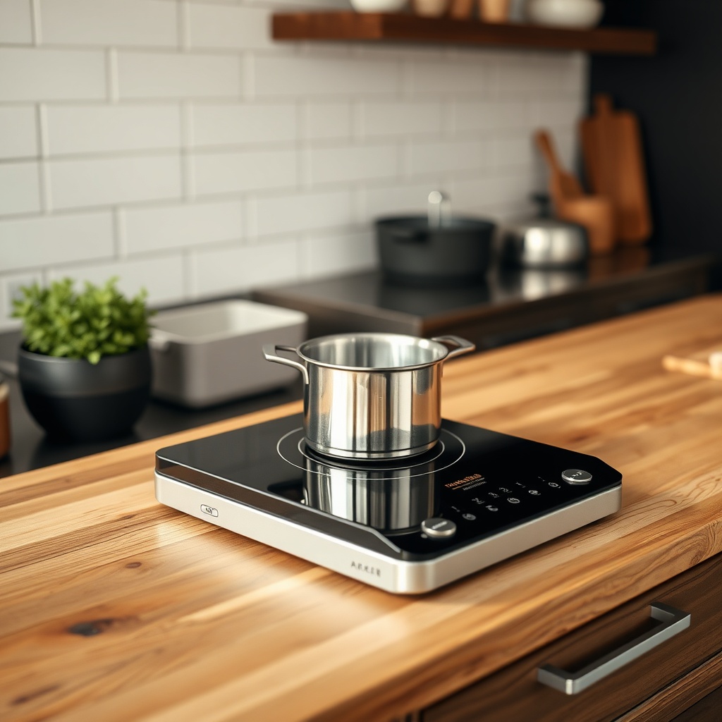 A photorealistic photo of a compact induction cooktop sitting on a butcher block counter i