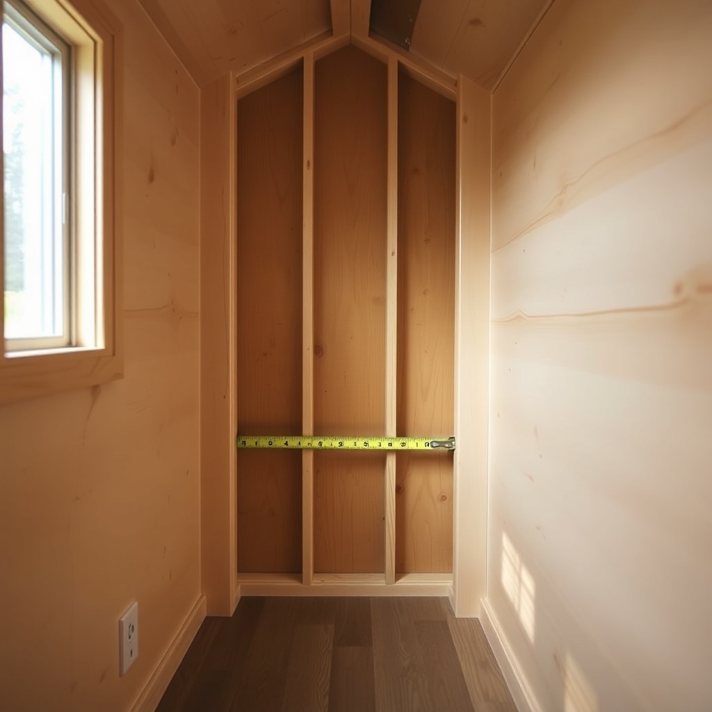 Interior view of a Tumbleweed Fencl tiny house showing an empty wall alcove with stud spac