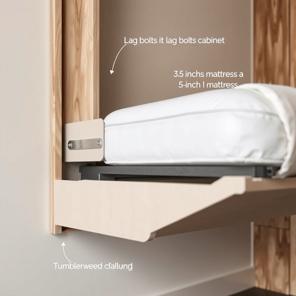 Close-up of a Murphy bed mechanism installed on a Tumbleweed Fencl wall showing lag bolts