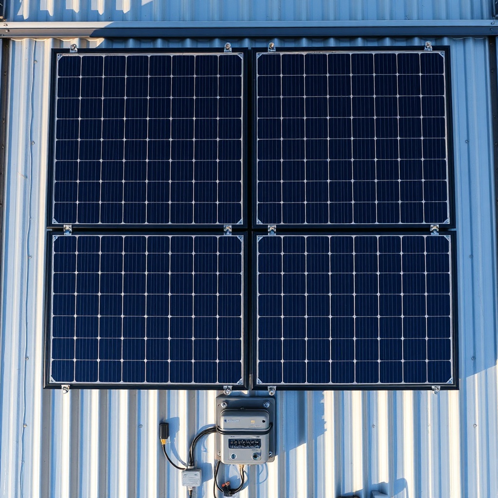 A photorealistic top-down view of four black monocrystalline solar panels arranged in a 2x