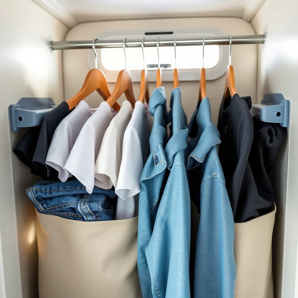 A photorealistic close-up of a compact hanging organizer inside an Escape Traveler XL clos