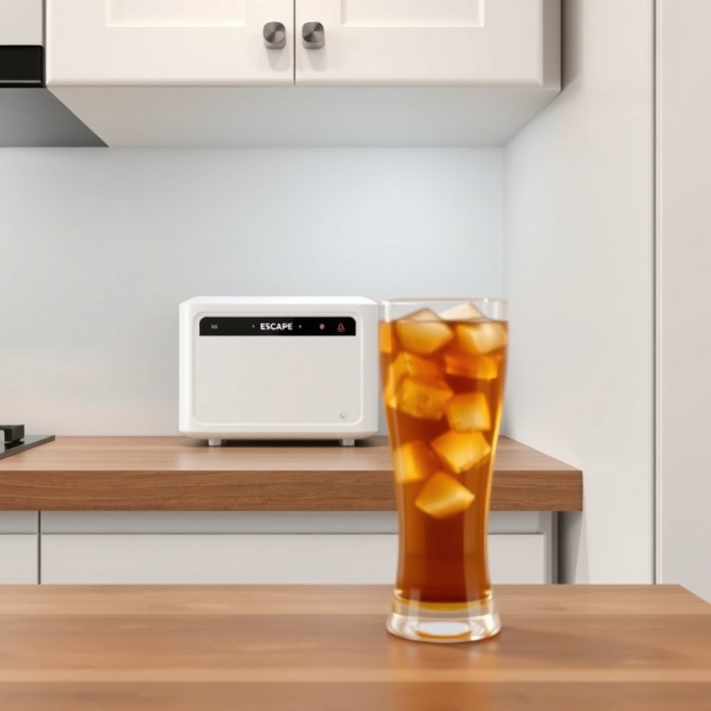 <clean photorealistic photo/illustration of a tiny kitchen counter with an Escape Traveler