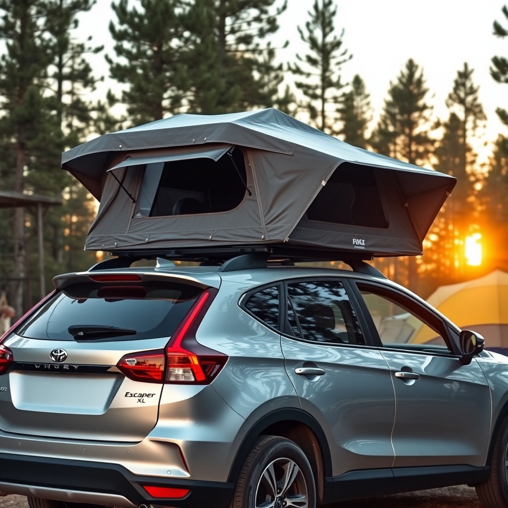 A photorealistic photo of a silver hatchback with a closed Escape Traveler XL roof tent mo
