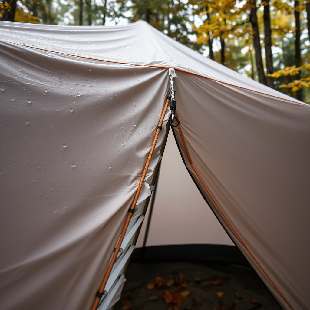 A photorealistic close-up photo of the Escape Traveler XL tent deployed in a light drizzle