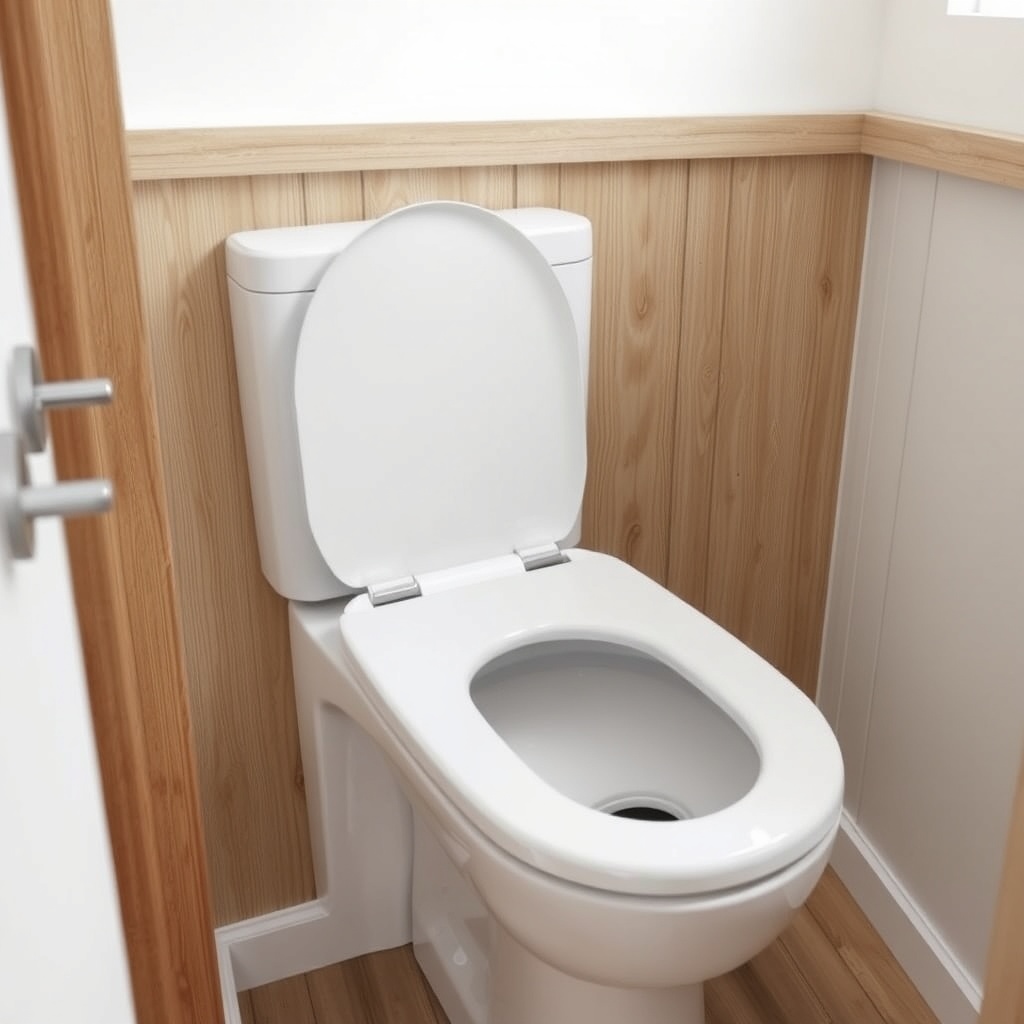 A clean photorealistic photo of a tiny house bathroom with a compact bidet seat attached t