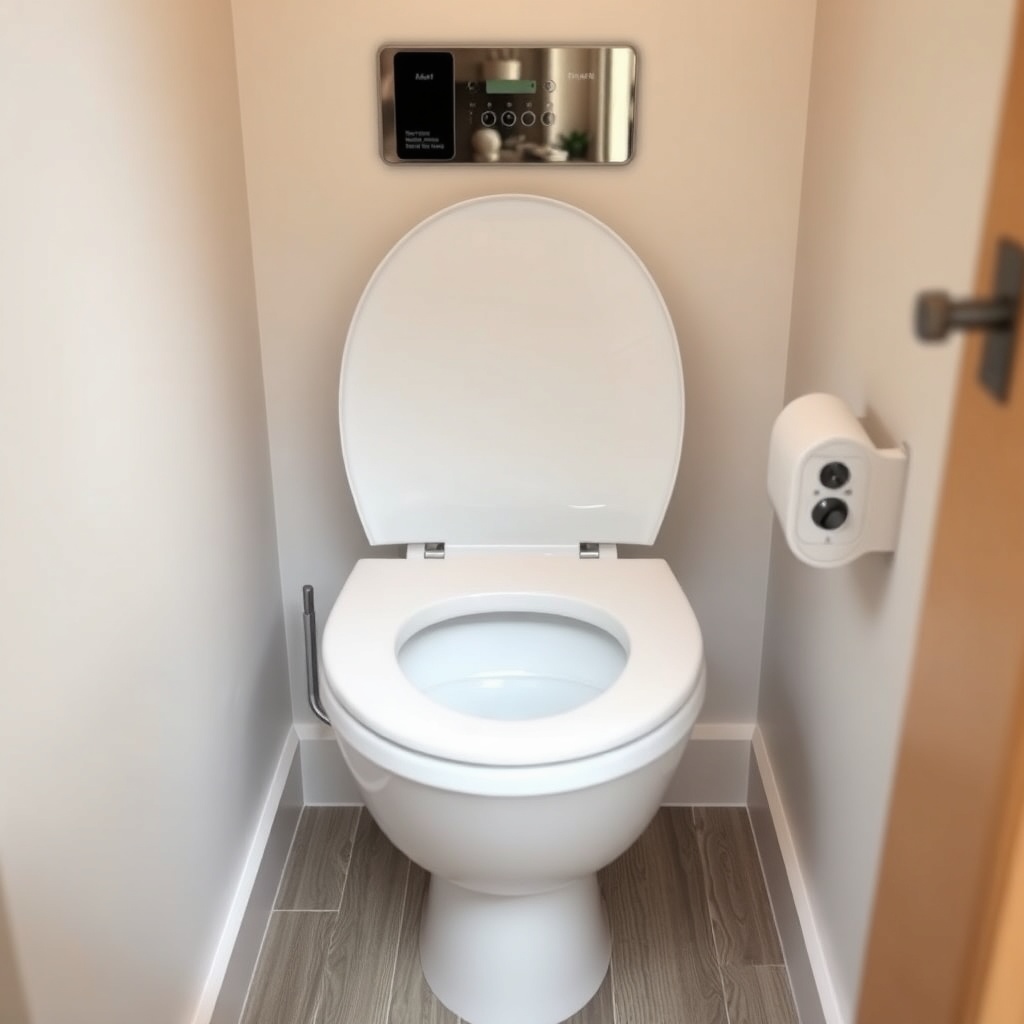 A clean photorealistic photo of a compact round toilet with a bidet seat installed in a ti