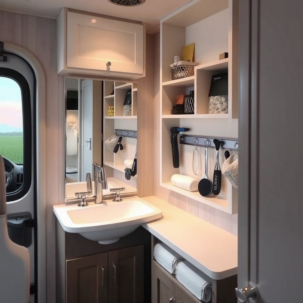 A photorealistic photo of an organized bathroom corner in the Escape Traveler XL