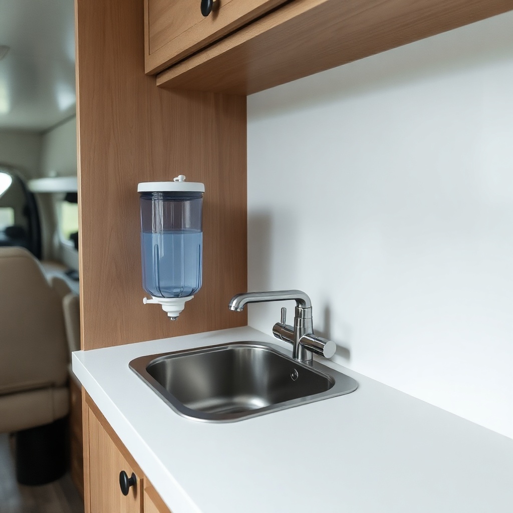 A photorealistic interior shot of the Escape Traveler XL’s small kitchen area