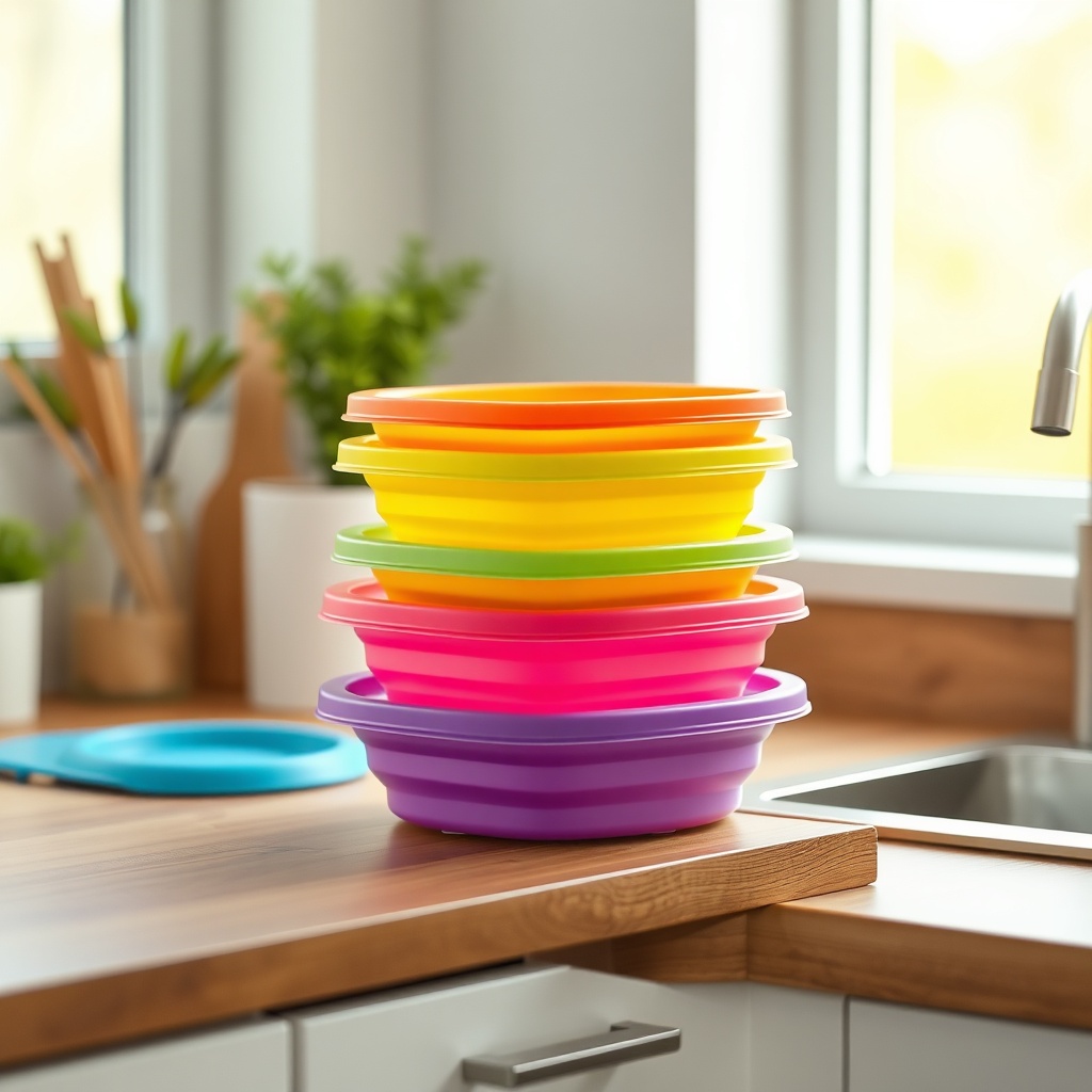 A clean photorealistic photo showing a set of bright colored collapsible silicone containe