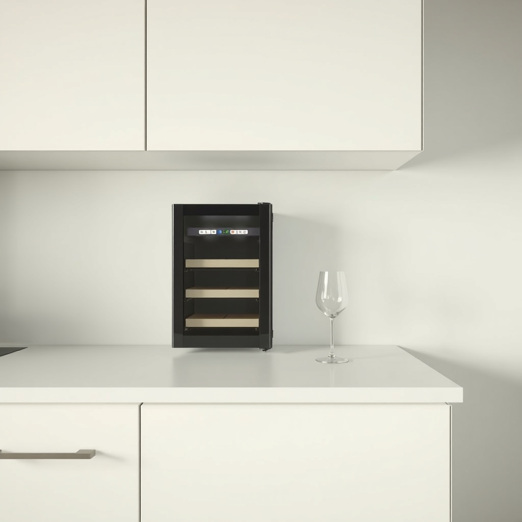 <clean photorealistic photo of a tiny kitchen counter with a slim wine cooler tucked benea